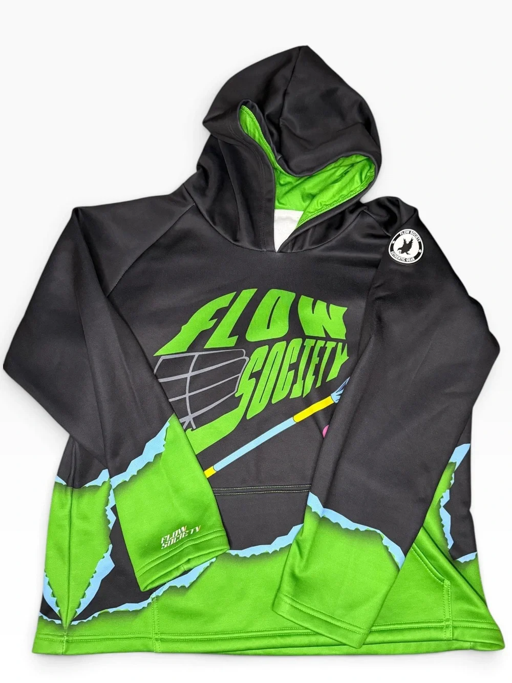 Flow Society Black & Green Lacrosse Themed Hoodie-Youth Medium